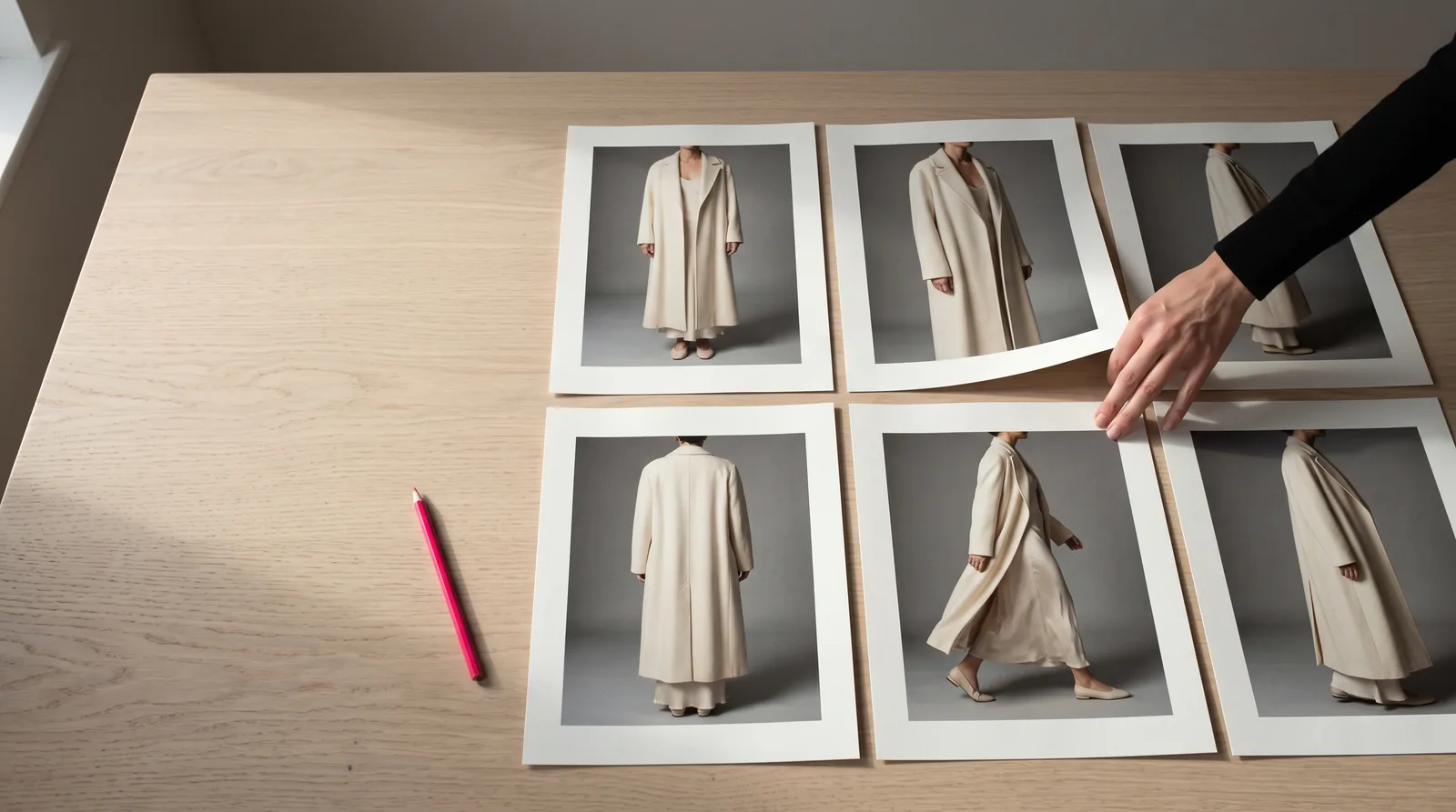 Printed frames of the same look laid out across a pale table