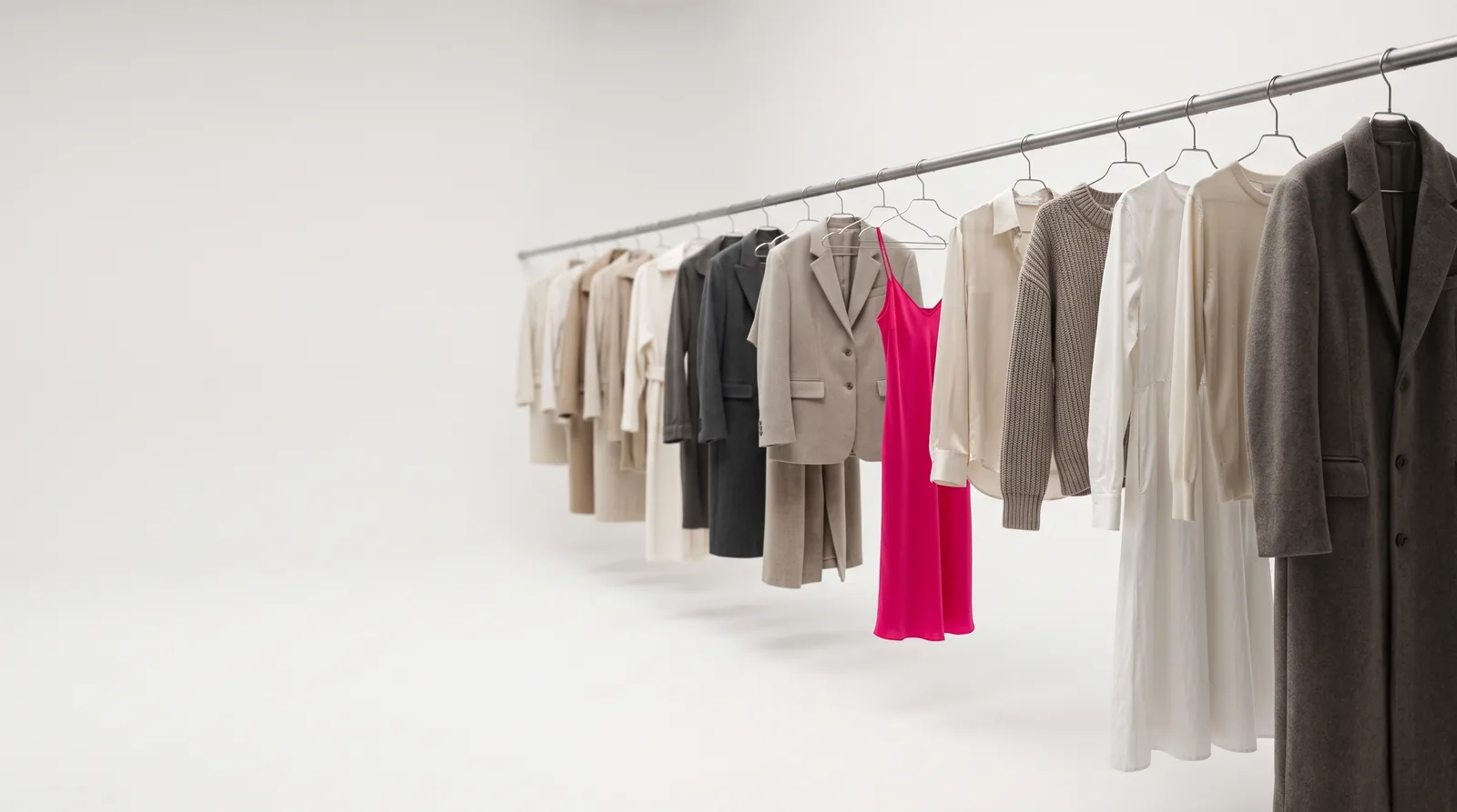 A rail of coats, knitwear and shirts, one magenta slip dress among them