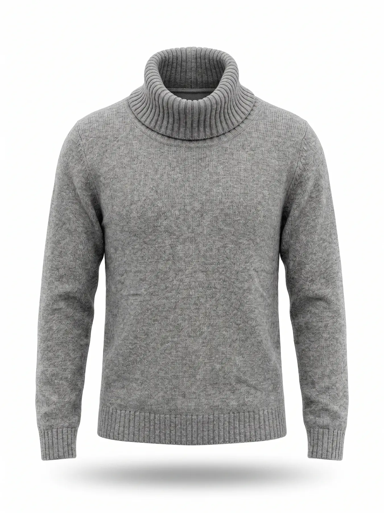 The same grey roll-neck as a finished packshot on a white ground